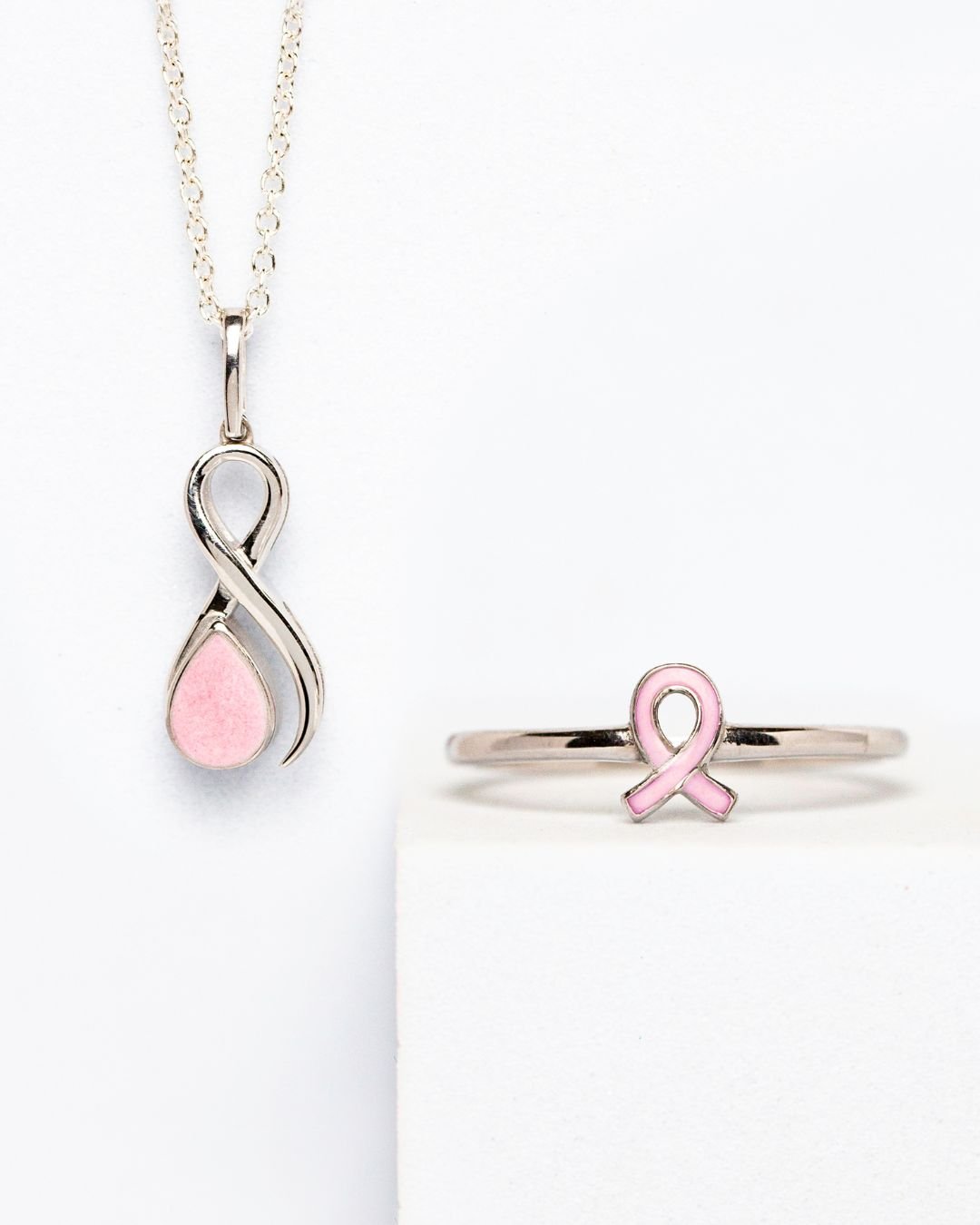 Pink ribbon breastmilk keepsake pendant and ring set handcrafted for breast cancer awareness