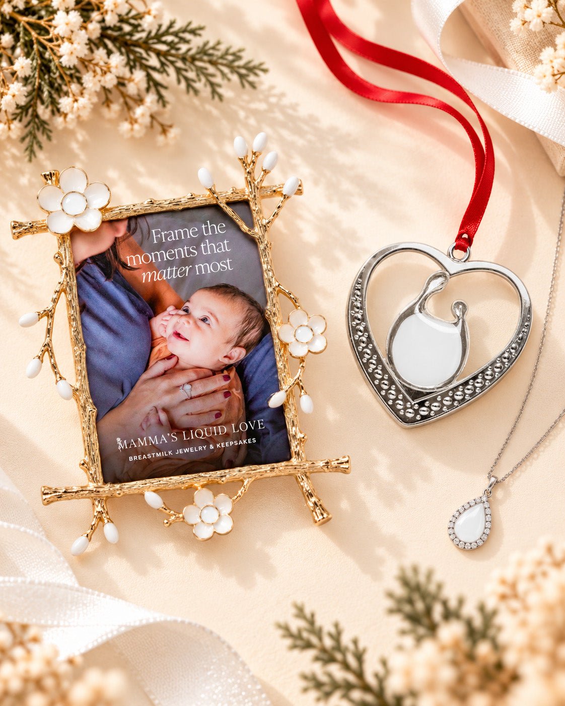 Keepsake Frame + Ornament + Love Drop Pendant_Breastmilk_Jewelry_Keepsakes- Mamma's Liquid Love