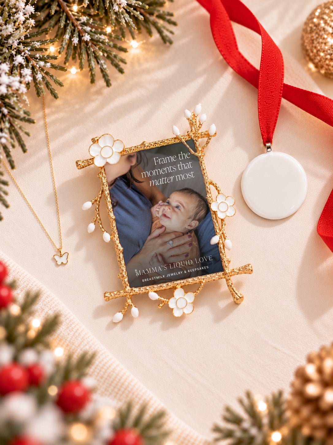 Petite Round Charm + Keepsake Frame + Ornament_Breastmilk_Jewelry_Keepsakes- Mamma's Liquid Love