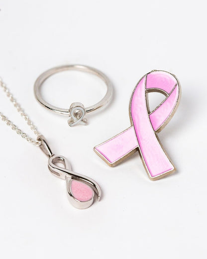 Ribbon of Hope keepsake ring and pendant with breastmilk inclusions and soft pink shimmer