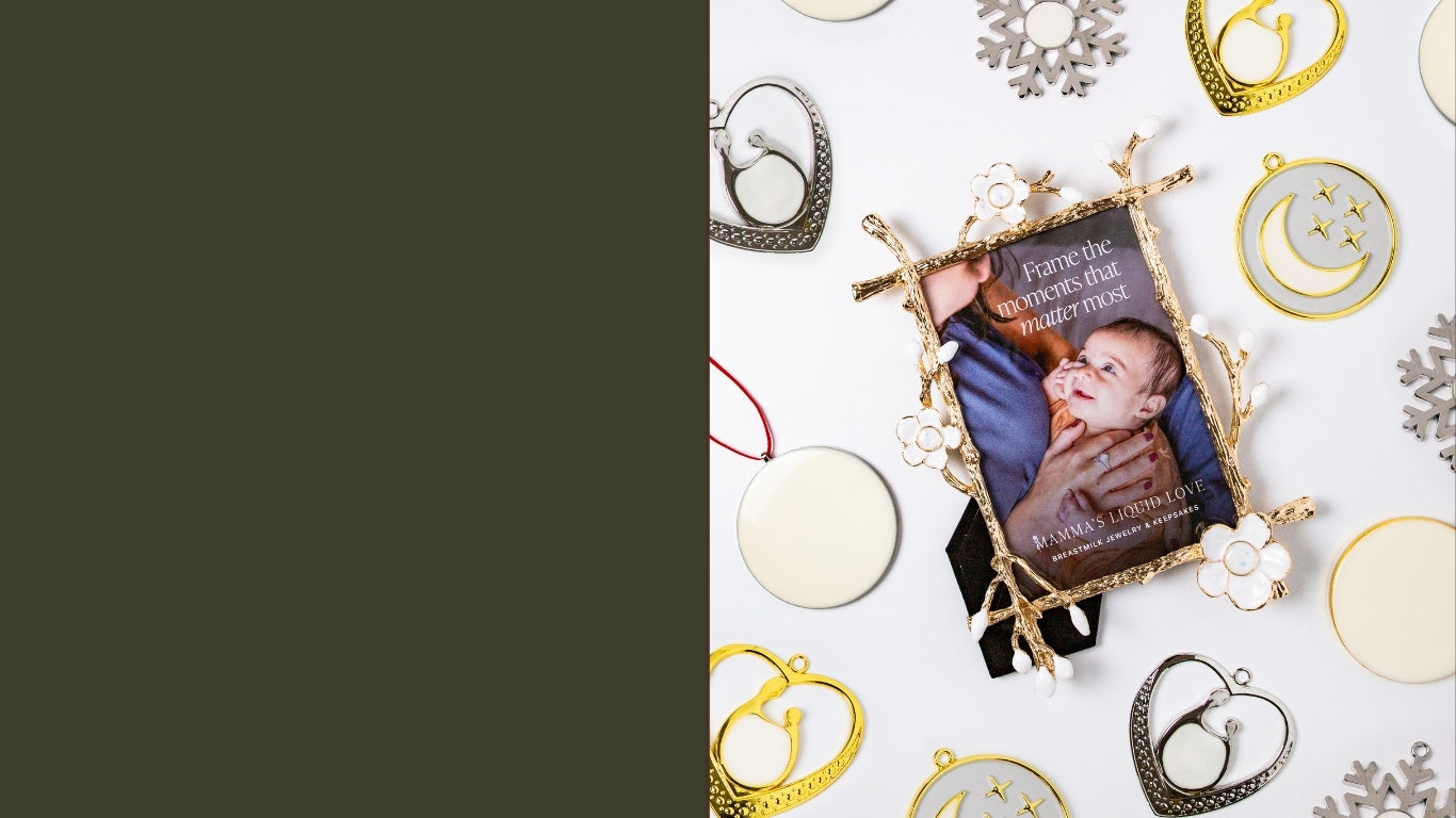 Breastmilk Keepsake Picture Frame surrounded by gold and silver ornaments from Mamma’s Liquid Love, featuring a mother and baby photo.