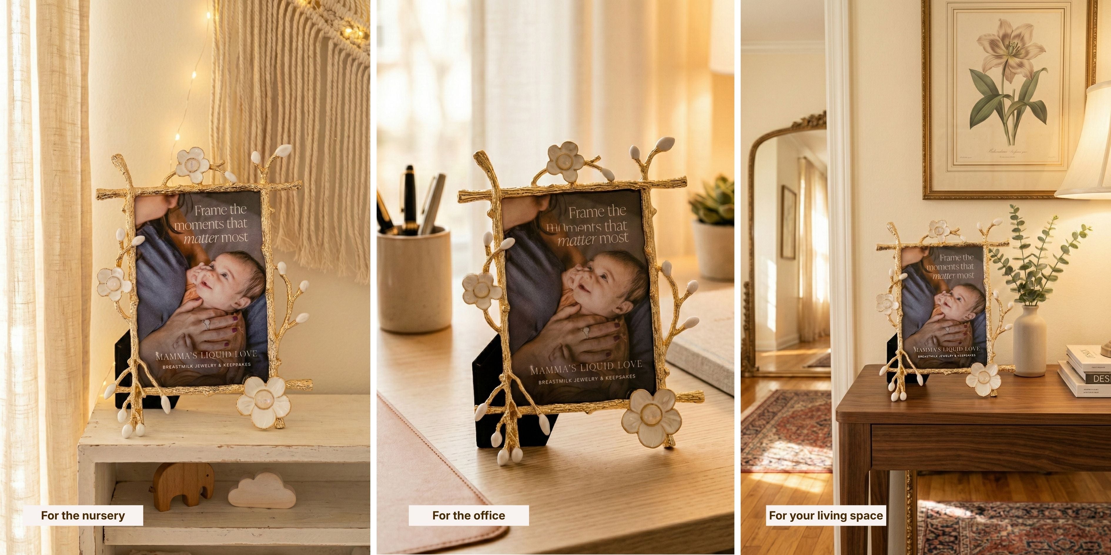 Gold floral breastmilk keepsake picture frame with mother and baby photo styled in three home settings: nursery shelf, office desk, and living room table.