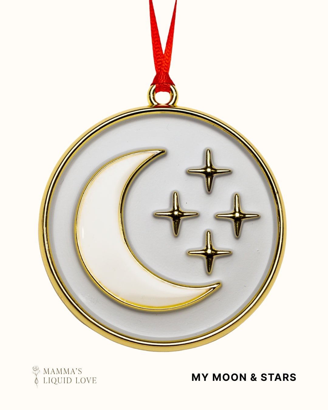 My Moon and Stars Breastmilk Keepsake Ornament by Mamma’s Liquid Love with a crescent moon and four stars.
