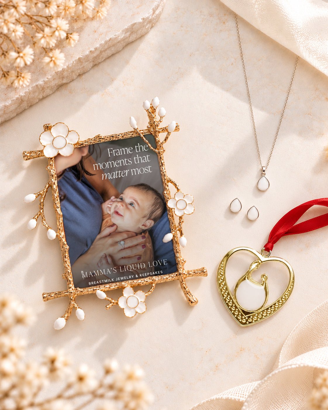 Keepsake Frame + Ornament + Liquid Gold Drop Pendant and Earrings_Breastmilk_Jewelry_Keepsakes- Mamma's Liquid Love