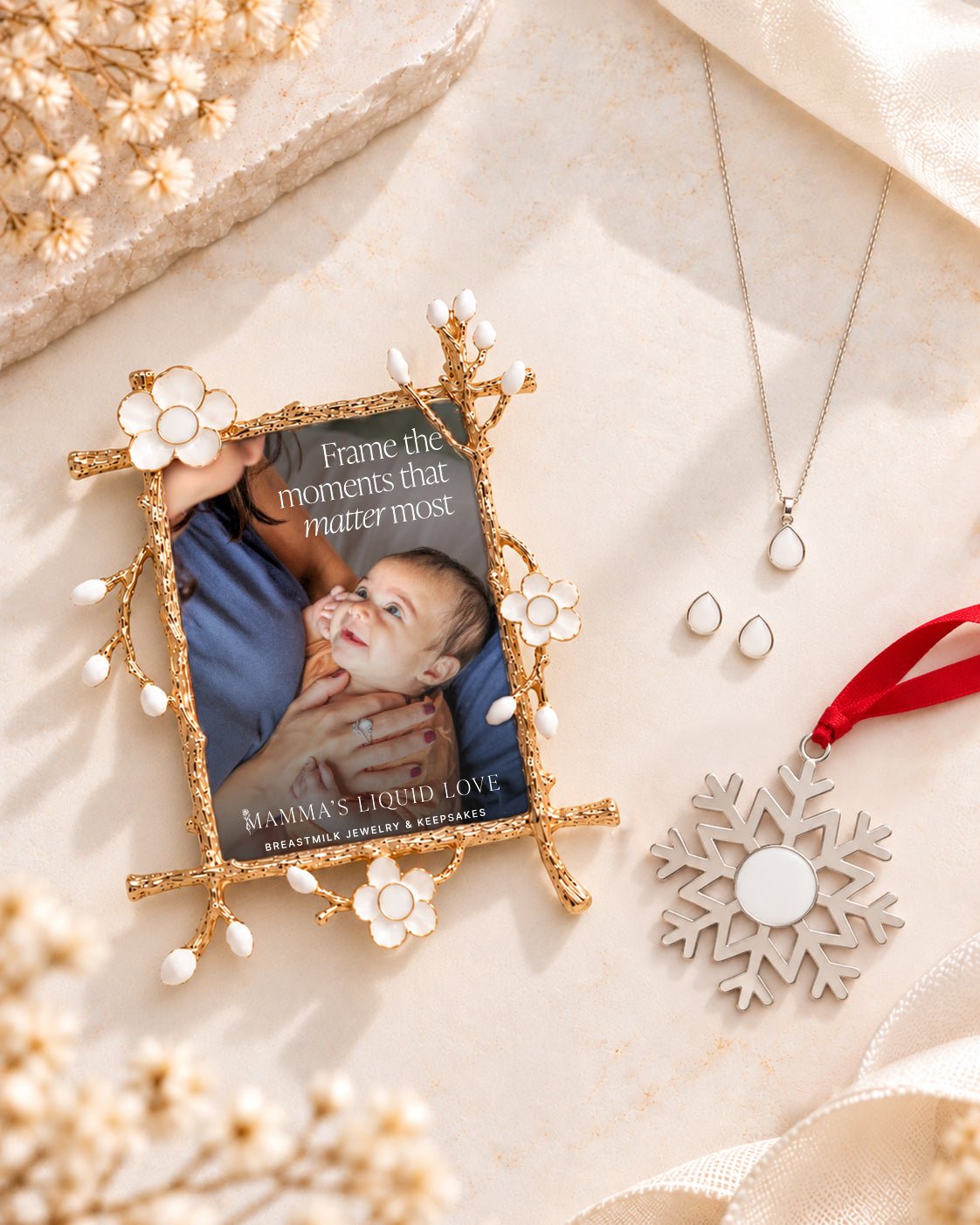 Keepsake Frame + Ornament + Liquid Gold Drop Pendant and Earrings_Breastmilk_Jewelry_Keepsakes- Mamma's Liquid Love