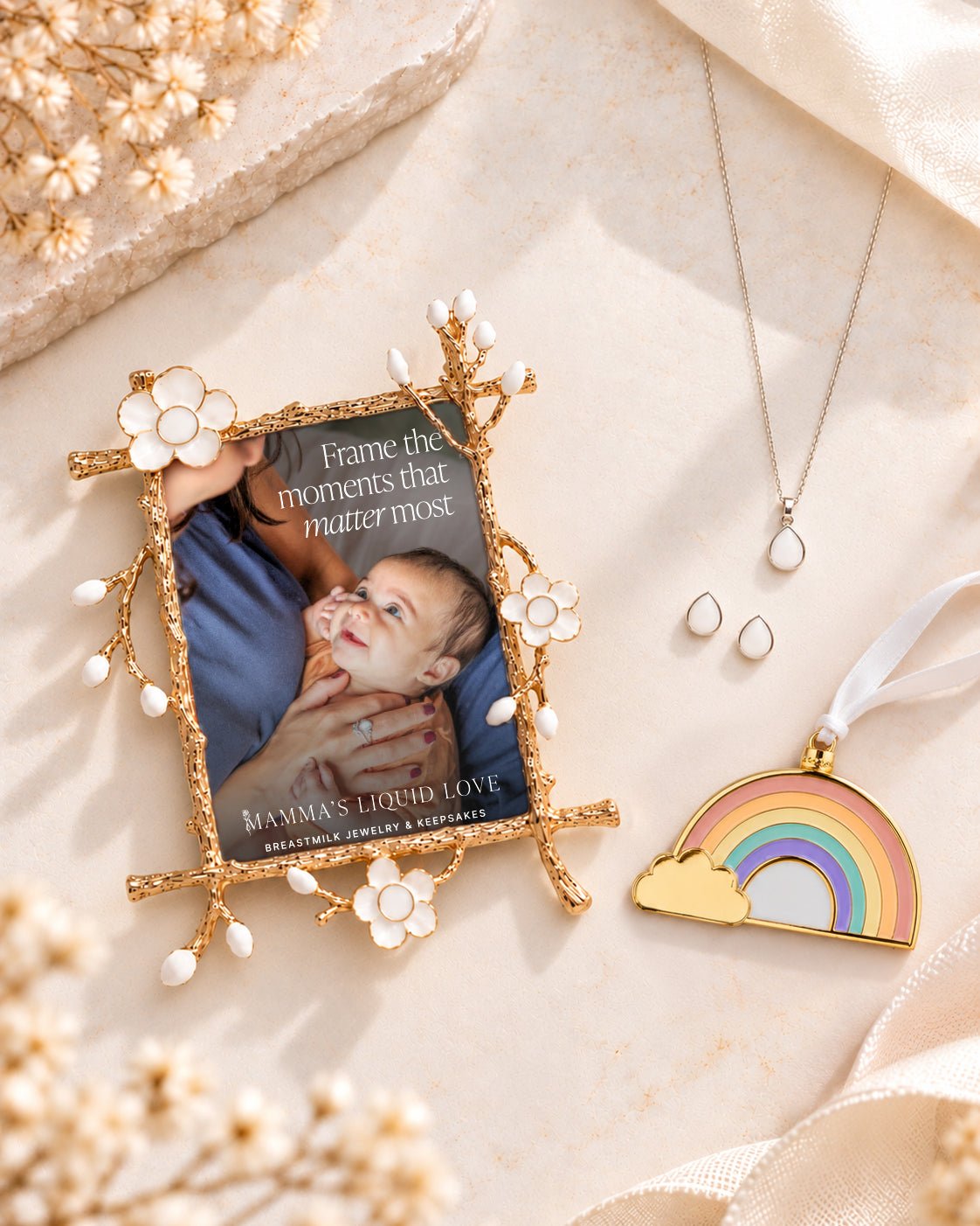 Keepsake Frame + Ornament + Liquid Gold Drop Pendant and Earrings_Breastmilk_Jewelry_Keepsakes- Mamma's Liquid Love