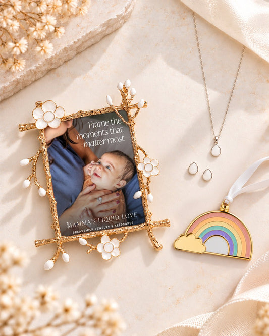 Keepsake Frame + Ornament + Liquid Gold Drop Pendant and Earrings_Breastmilk_Jewelry_Keepsakes- Mamma's Liquid Love