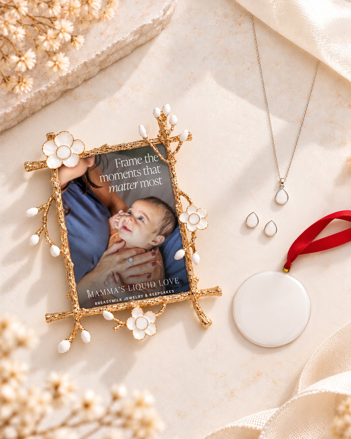 Keepsake Frame + Ornament + Liquid Gold Drop Pendant and Earrings_Breastmilk_Jewelry_Keepsakes- Mamma's Liquid Love