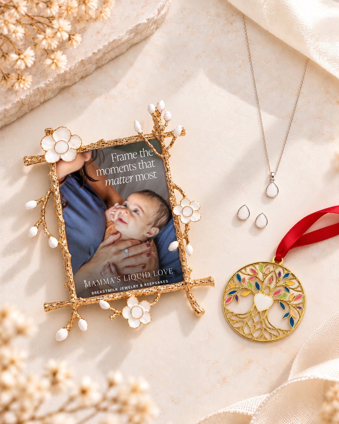 Keepsake Frame + Ornament + Liquid Gold Drop Pendant and Earrings_Breastmilk_Jewelry_Keepsakes- Mamma's Liquid Love