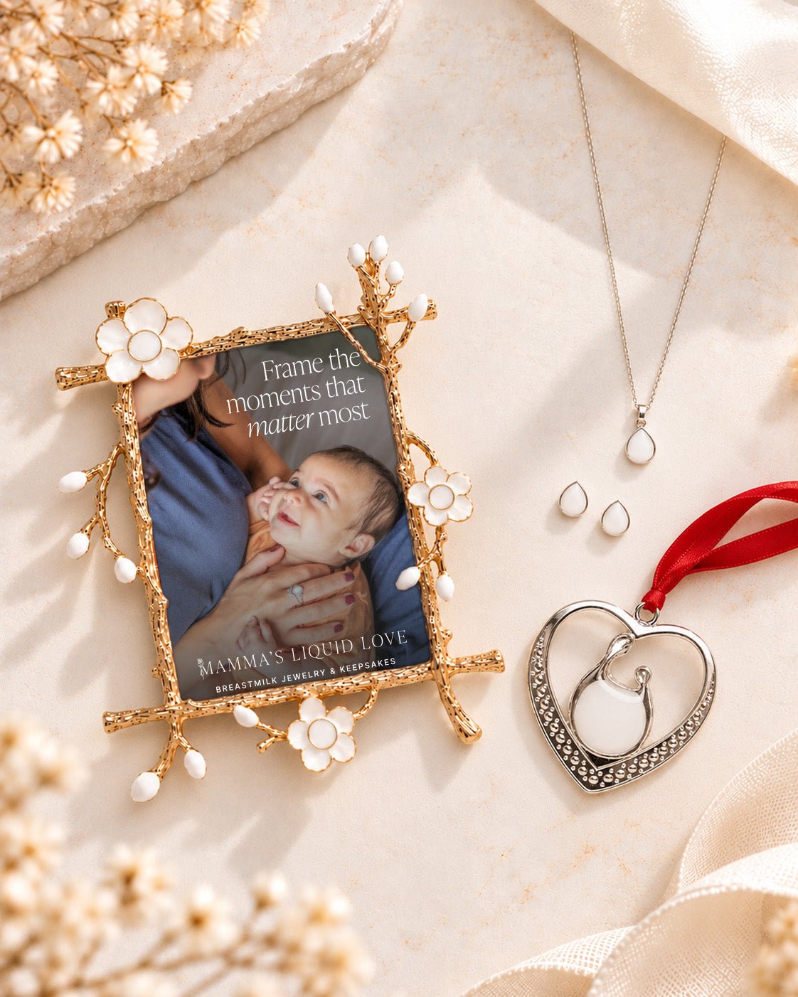 Keepsake Frame + Ornament + Liquid Gold Drop Pendant and Earrings_Breastmilk_Jewelry_Keepsakes- Mamma's Liquid Love