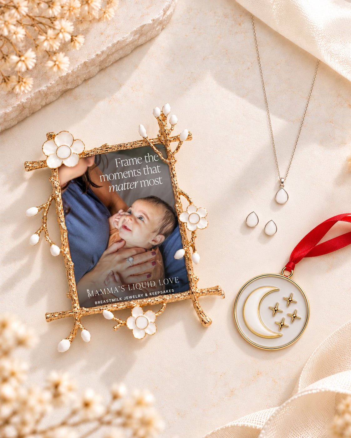 Keepsake Frame + Ornament + Liquid Gold Drop Pendant and Earrings_Breastmilk_Jewelry_Keepsakes- Mamma's Liquid Love