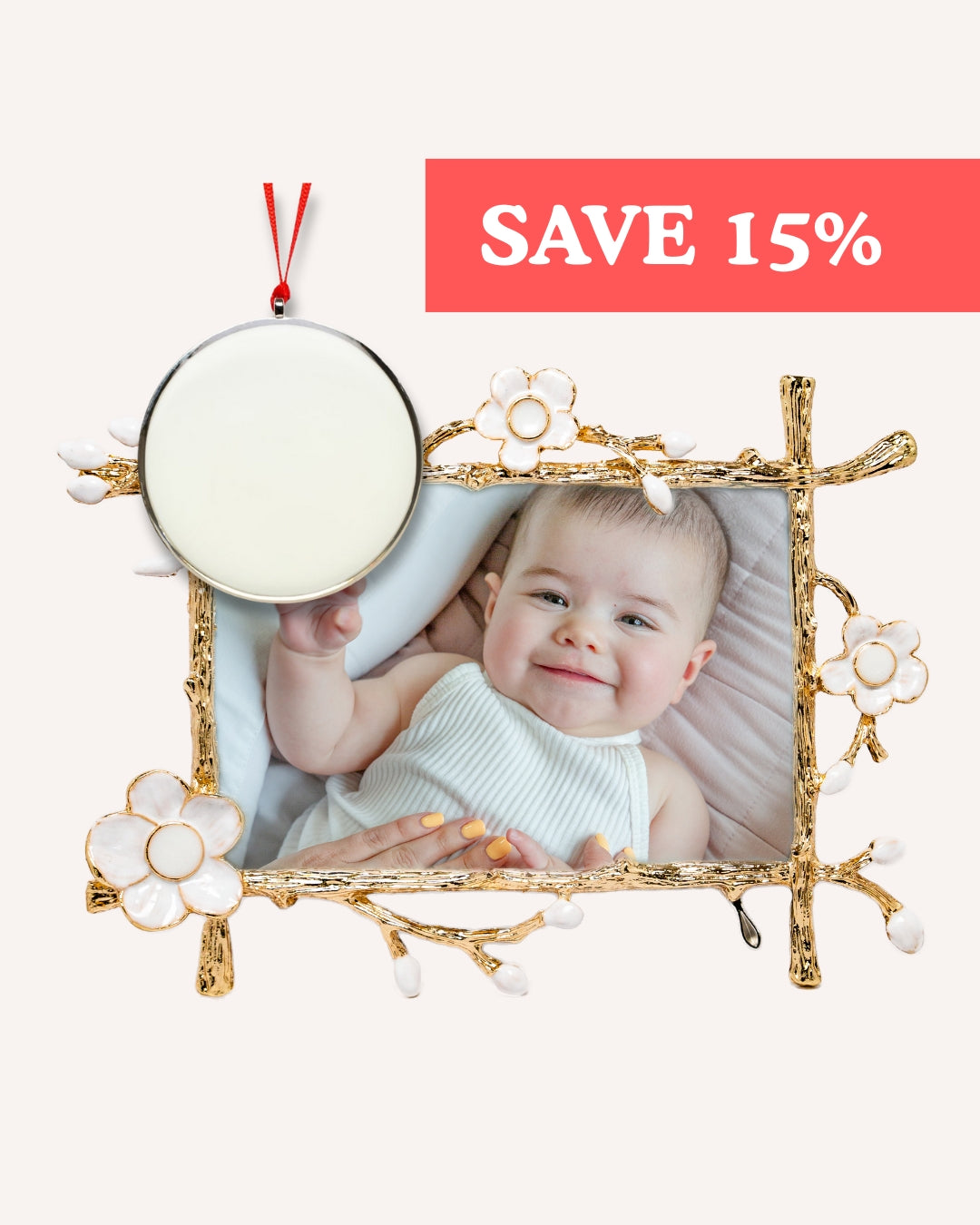 Gold floral Keepsake Frame with baby photo and round breastmilk ornament, red ribbon, SAVE 15% banner — Mamma’s Liquid Love Keepsake Bundle.