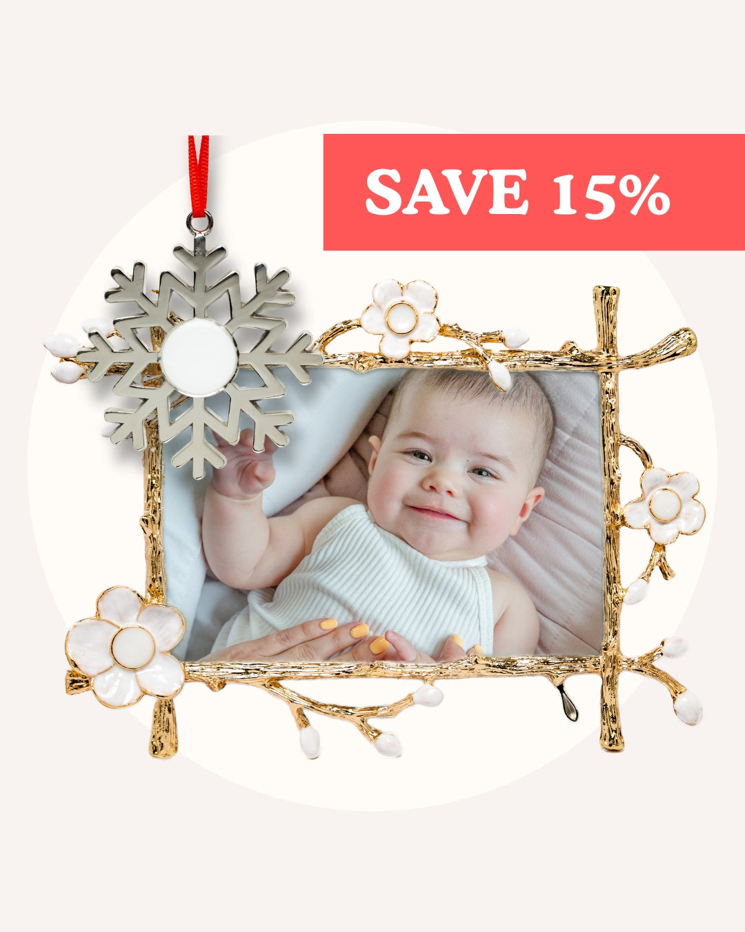 Gold floral Keepsake Frame with baby photo and gold snowflake ornament, SAVE 15% banner — Mamma’s Liquid Love Keepsake Bundle.