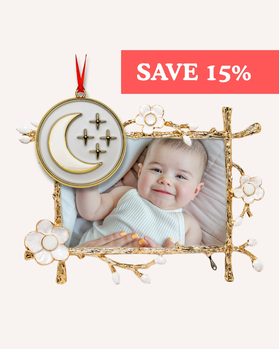 Gold floral Keepsake Frame with baby photo and mixed breastmilk ornaments — heart, moon, snowflake, round — SAVE 15% banner for Mamma’s Liquid Love Ultimate Keepsake Bundle.