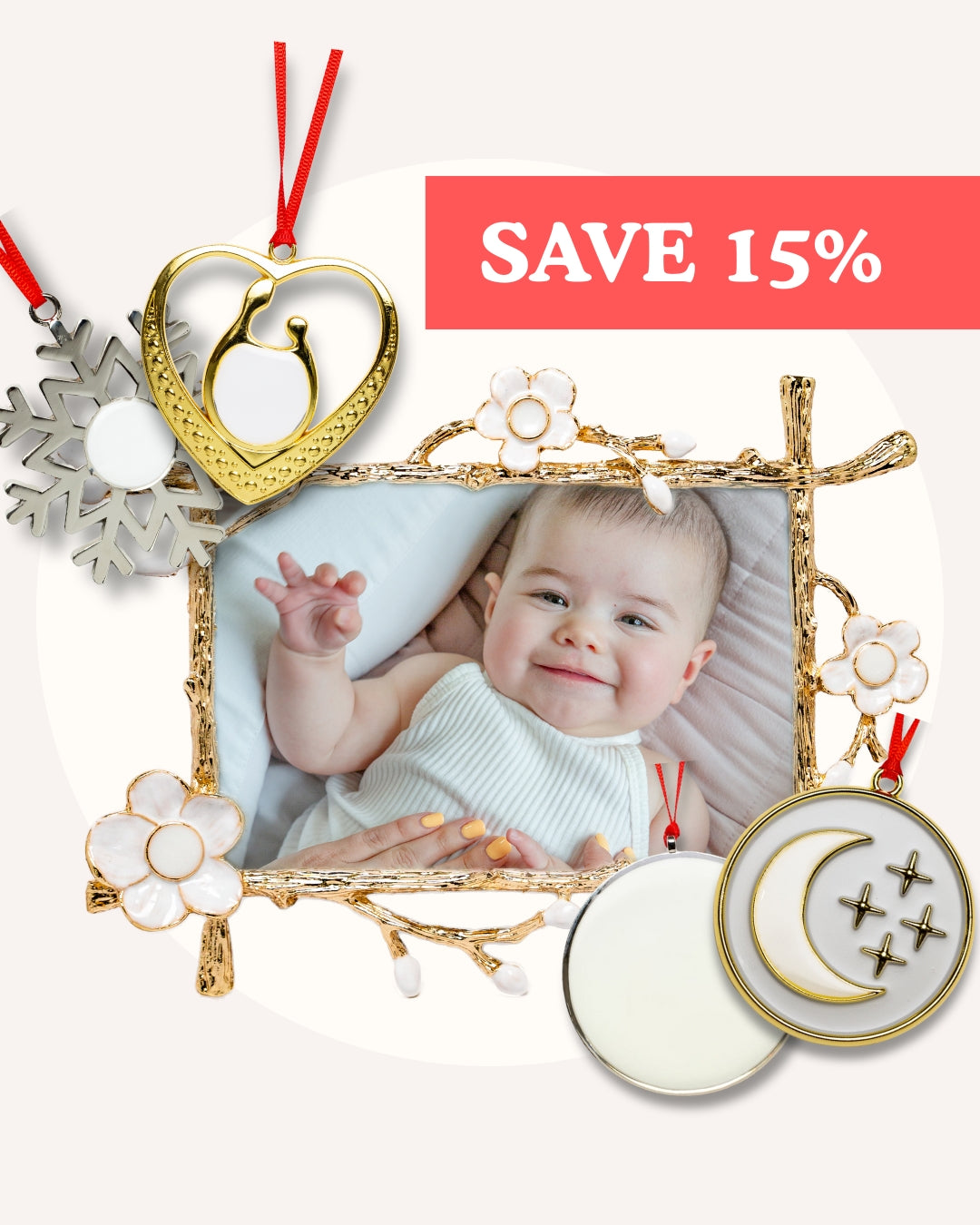 Gold floral Keepsake Frame with baby photo and mixed breastmilk ornaments — heart, moon, snowflake, round — SAVE 15% banner for Mamma’s Liquid Love Ultimate Keepsake Bundle.
