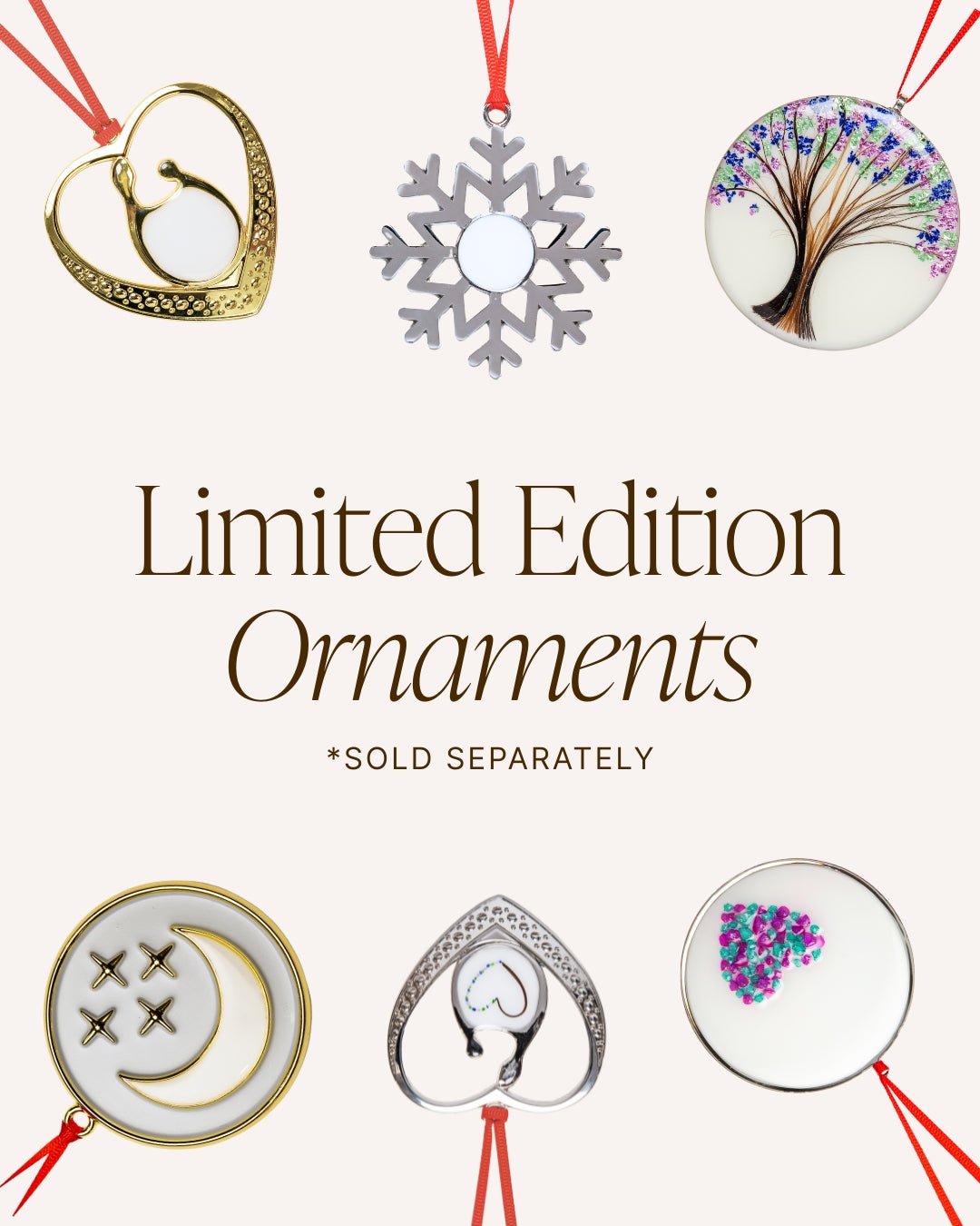 Limited edition breastmilk jewelry ornaments by Mamma’s Liquid Love, featuring My Moon and Stars Ornament, Tree of Life Ornament, Snowflake Ornament, and heart-shaped designs — each sold separately.