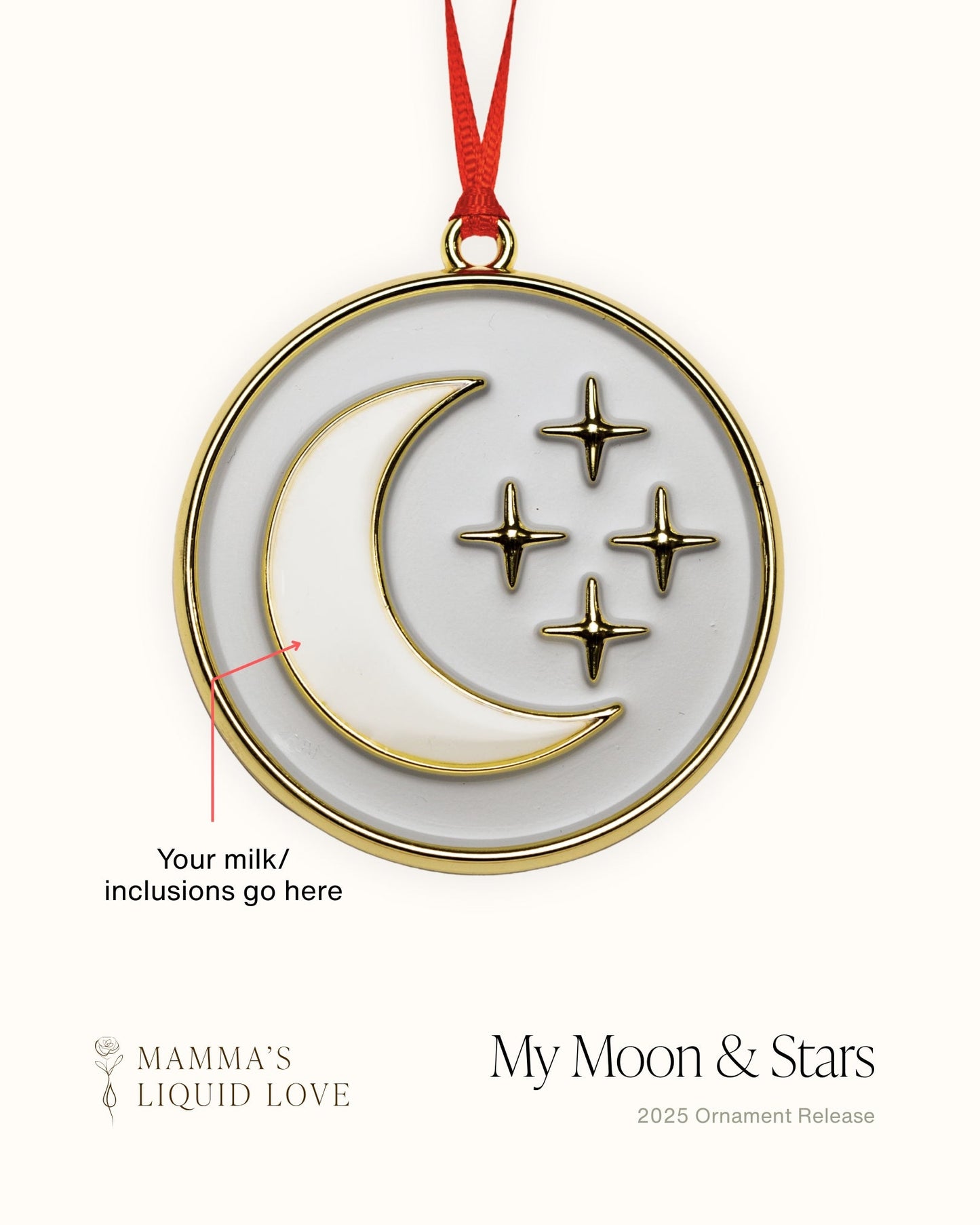 Decorative breastmilk ornament with moon and star design on a white background, featuring 'Mamma's Liquid Love' branding.