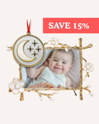 Gold floral Keepsake Frame with baby photo and mixed breastmilk ornaments — heart, moon, snowflake, round — SAVE 15% banner for Mamma’s Liquid Love Ultimate Keepsake Bundle.