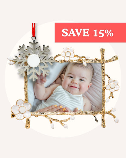 Gold floral Keepsake Frame with baby photo and gold snowflake ornament, SAVE 15% banner — Mamma’s Liquid Love Keepsake Bundle.