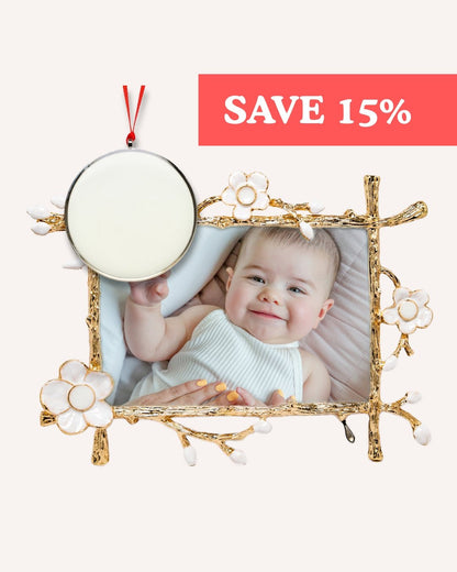 Gold floral Keepsake Frame with baby photo and round breastmilk ornament, red ribbon, SAVE 15% banner — Mamma’s Liquid Love Keepsake Bundle.