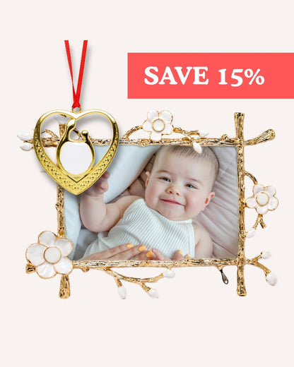 Gold floral Keepsake Frame with baby photo and gold heart ornament, red ribbon, SAVE 15% banner — Mamma’s Liquid Love Keepsake Bundle.